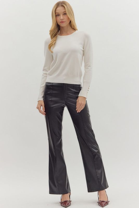 Solid L/S Knit Top W/Button Det Cuffs