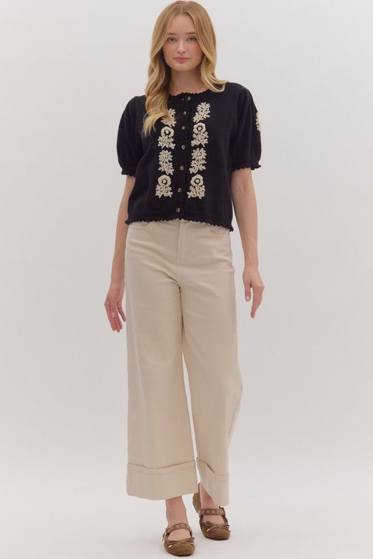Floral Embroidered S/S Cardigan Sweater
