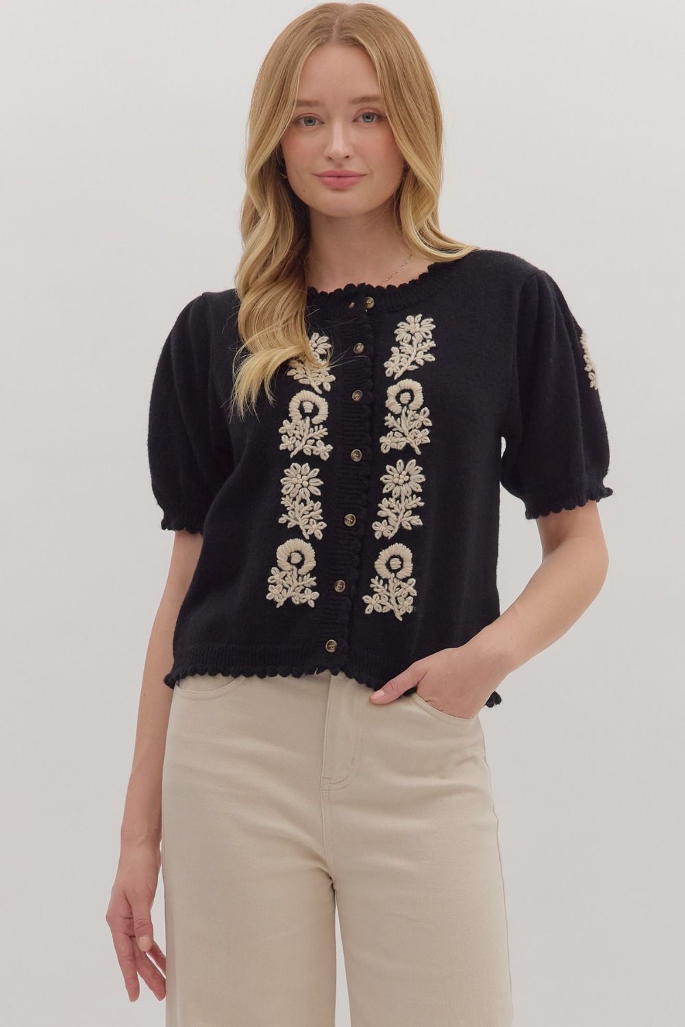 Floral Embroidered S/S Cardigan Sweater, Color: BLACK, Size: S