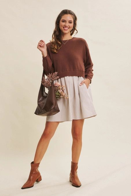 Ribbon Back Twofer Mini Sweater Dress, Color: BROWN, Size: S