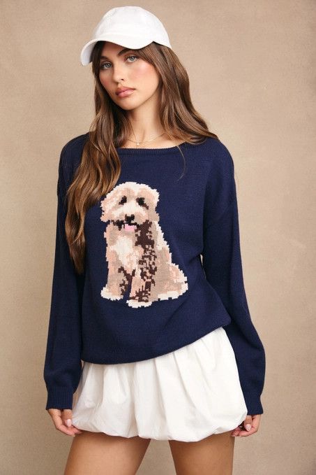 L/S Goldendoodle Graphic Sweater, Color: NAVY, Size: XS