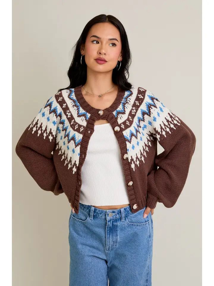 Raglan Slv Fairisle Sweater Cardigan , Color: DK BROWN, Size: XS