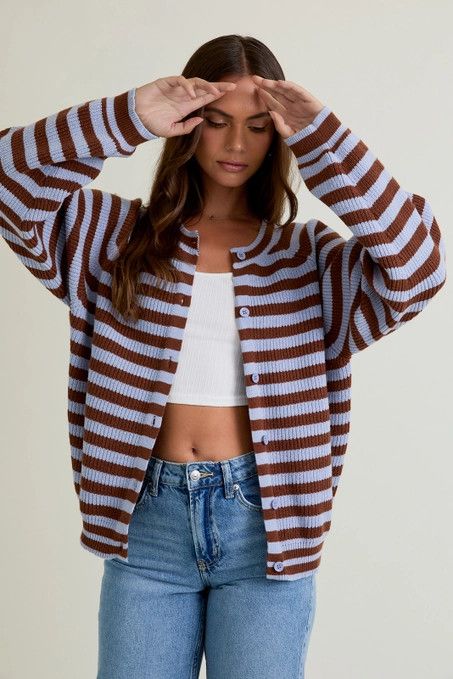 Raglan Slv Striped Sweater Cardigan, Color: BRWN/LT BLUE, Size: XS