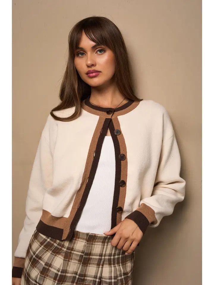 Two Tone Contrast Det Sweater Cardigan, Color: IVORY/BROWN, Size: XS