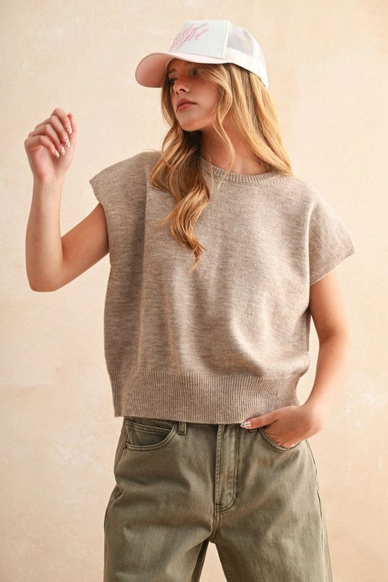 Loose Fit S/s Sweater Top, Color: TAN, Size: S