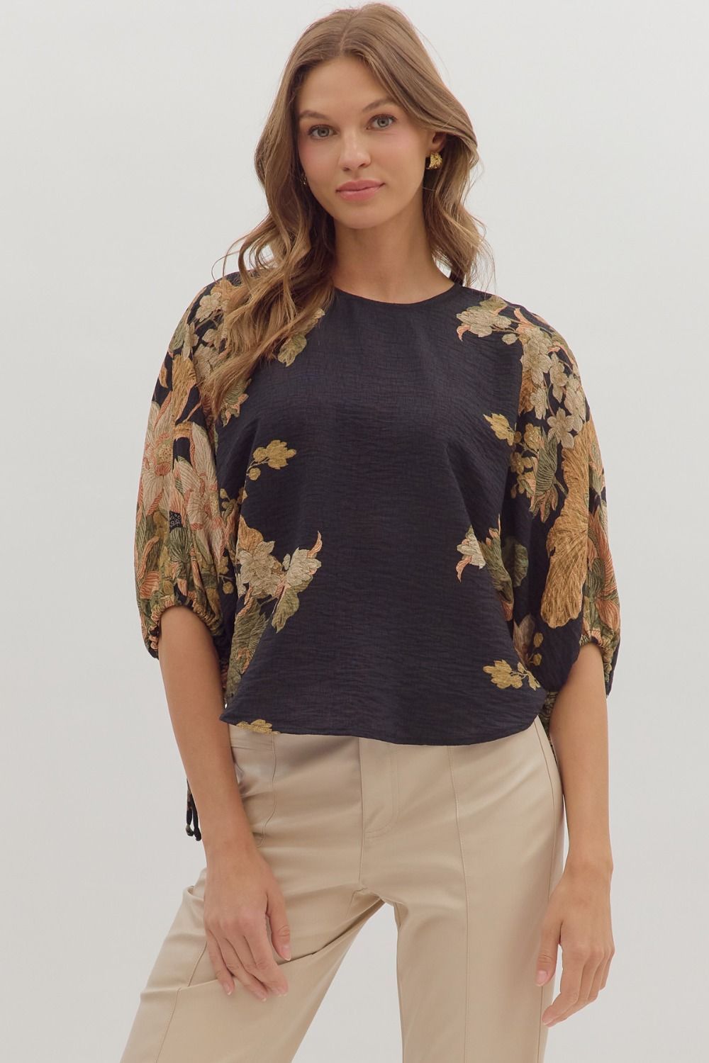 3/4 Slv Botanical Prt Blouse, Color: BLACK, Size: S