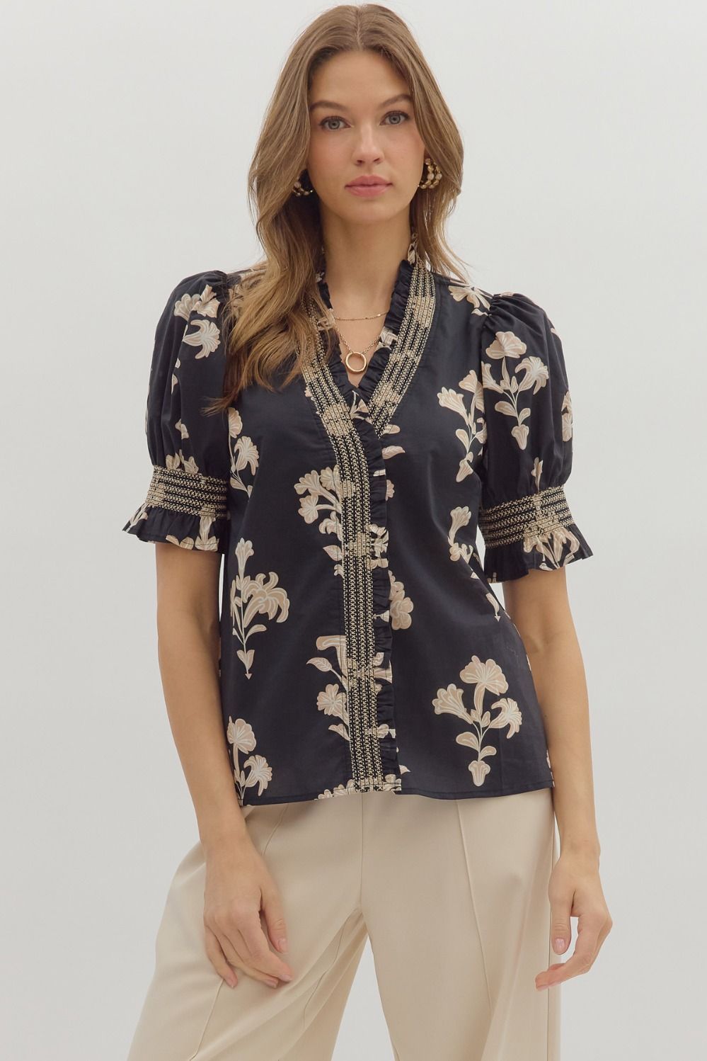 Floral Embroidered Smock Neck Top, Color: BLACK, Size: S