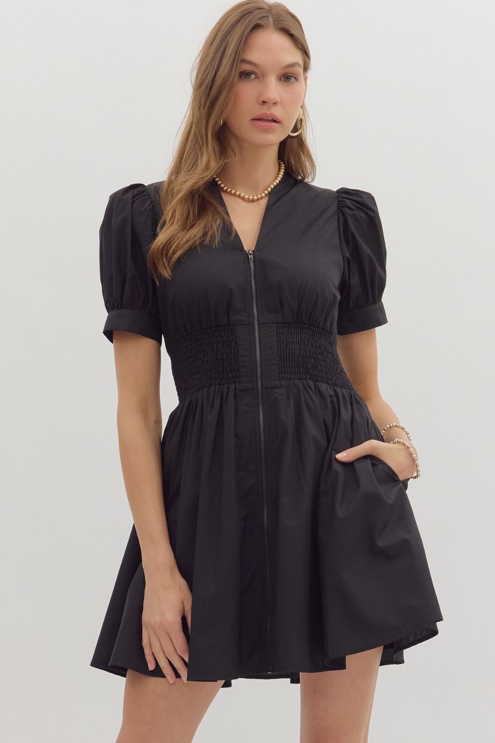 Puff S/S Front Zip Mini Dress, Color: BLACK, Size: S