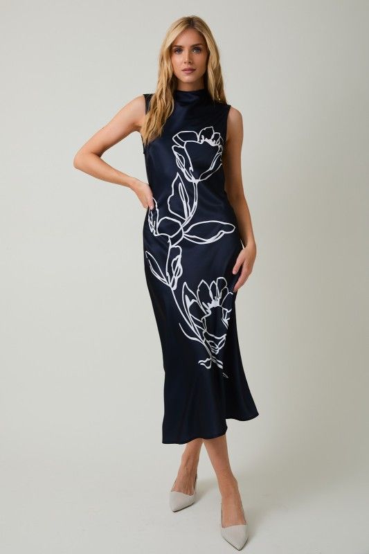 Mock Neck Sleeveless Print Midi Dress 