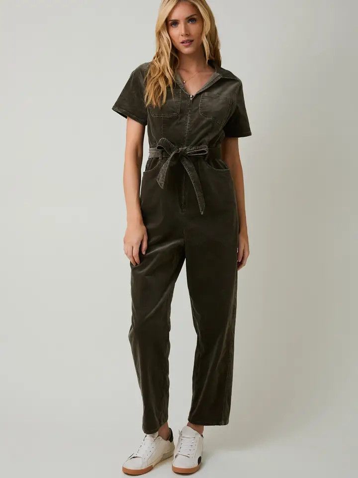 Half Slv Zip Up Corduroy Jumpsuit, Color: OLIVE, Size: S