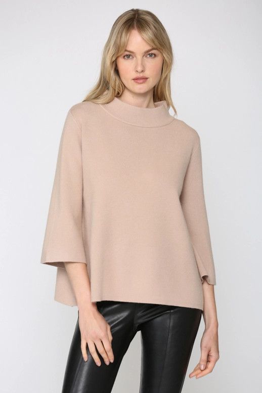 Mock Neck Bell Sleeve Sweater, Color: BEIGE, Size: S