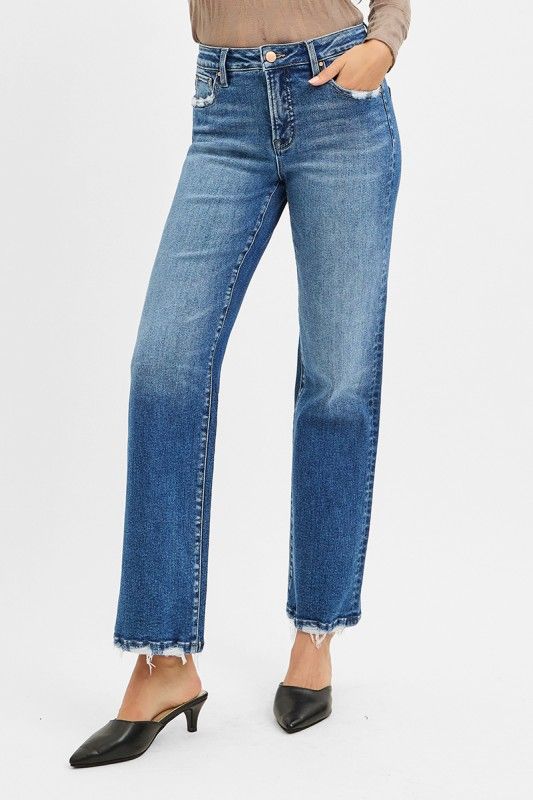 Tummy Control High Rise Ankle Straight Jeans, Color: DARK, Size: 0