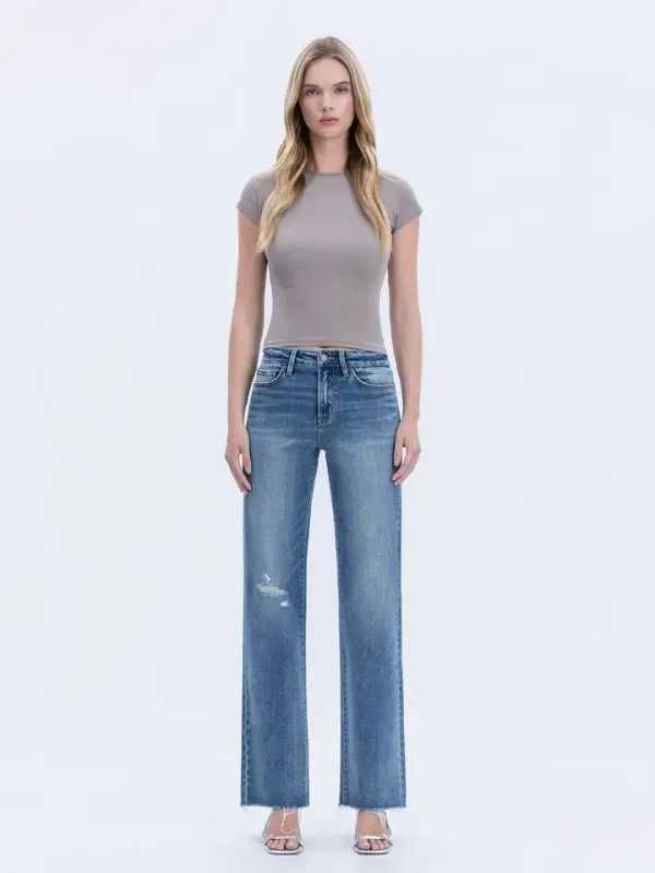 High Rise Frayed Hem Slim Wide Jeans