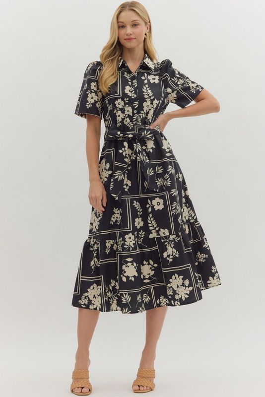 S/S Botanical Prt Collared Midi Dress