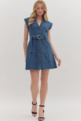 Cap Slv Belted Denim Mini Dress