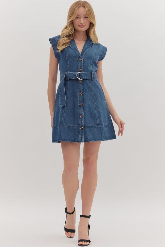 Cap Slv Belted Denim Mini Dress