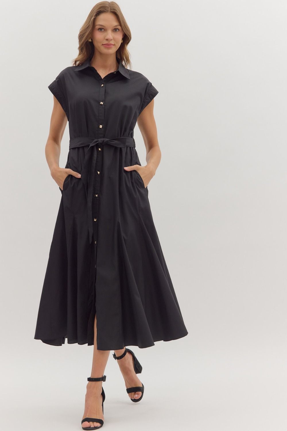 Cap Slv Solid Midi Dress W/Buttons, Color: BLACK, Size: S