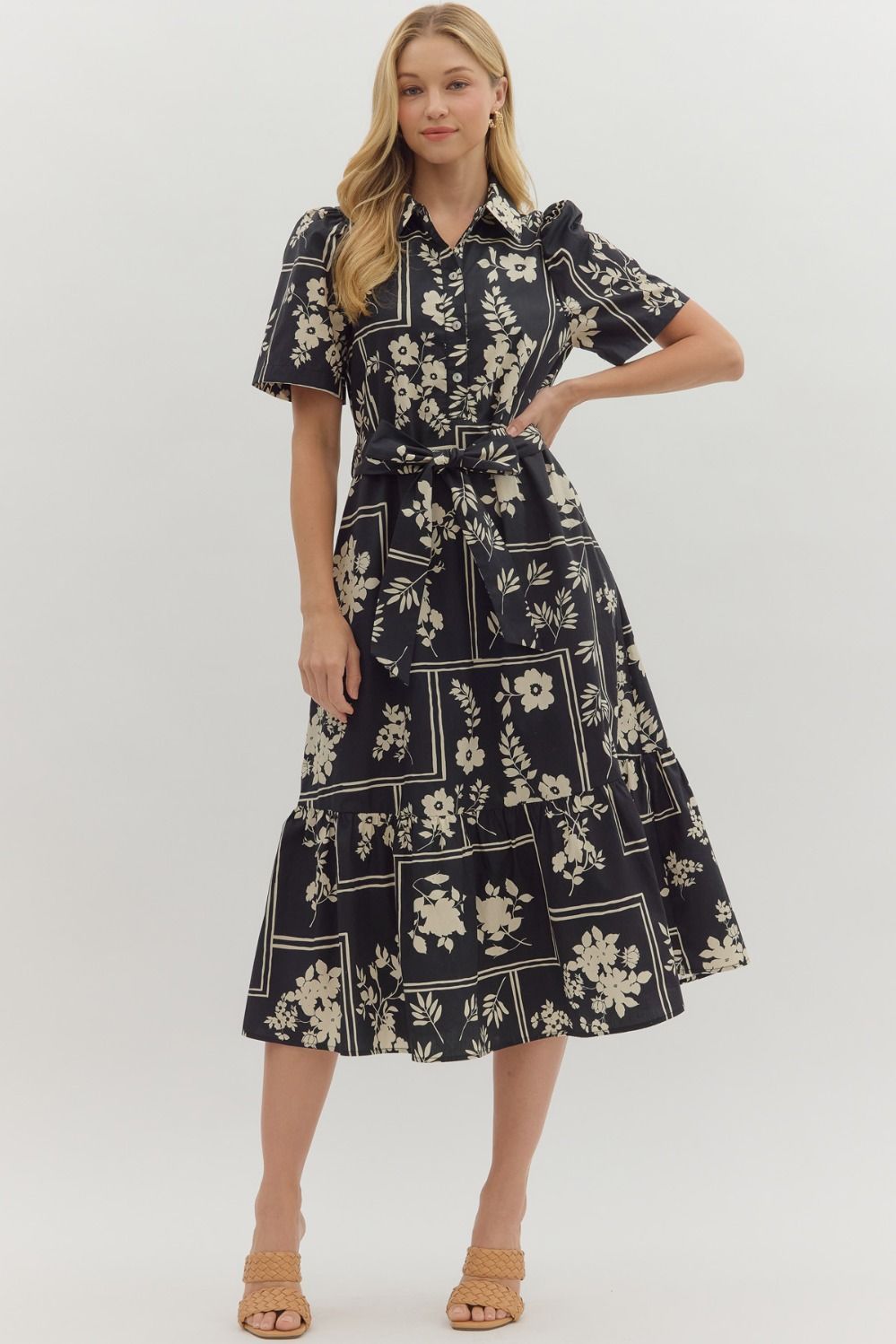 S/S Botanical Prt Collared Midi Dress, Color: BLACK, Size: S