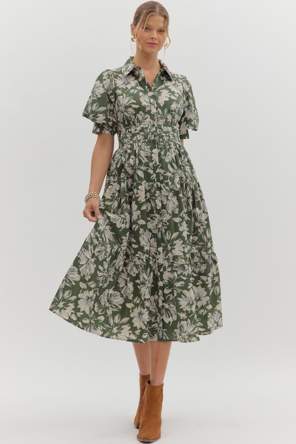 Floral Collared Button Det Midi Dress, Color: OLIVE, Size: S