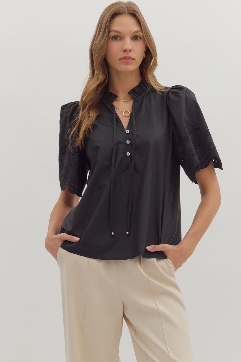 Eyelet Embroidered Slv Blouse, Color: BLACK, Size: S