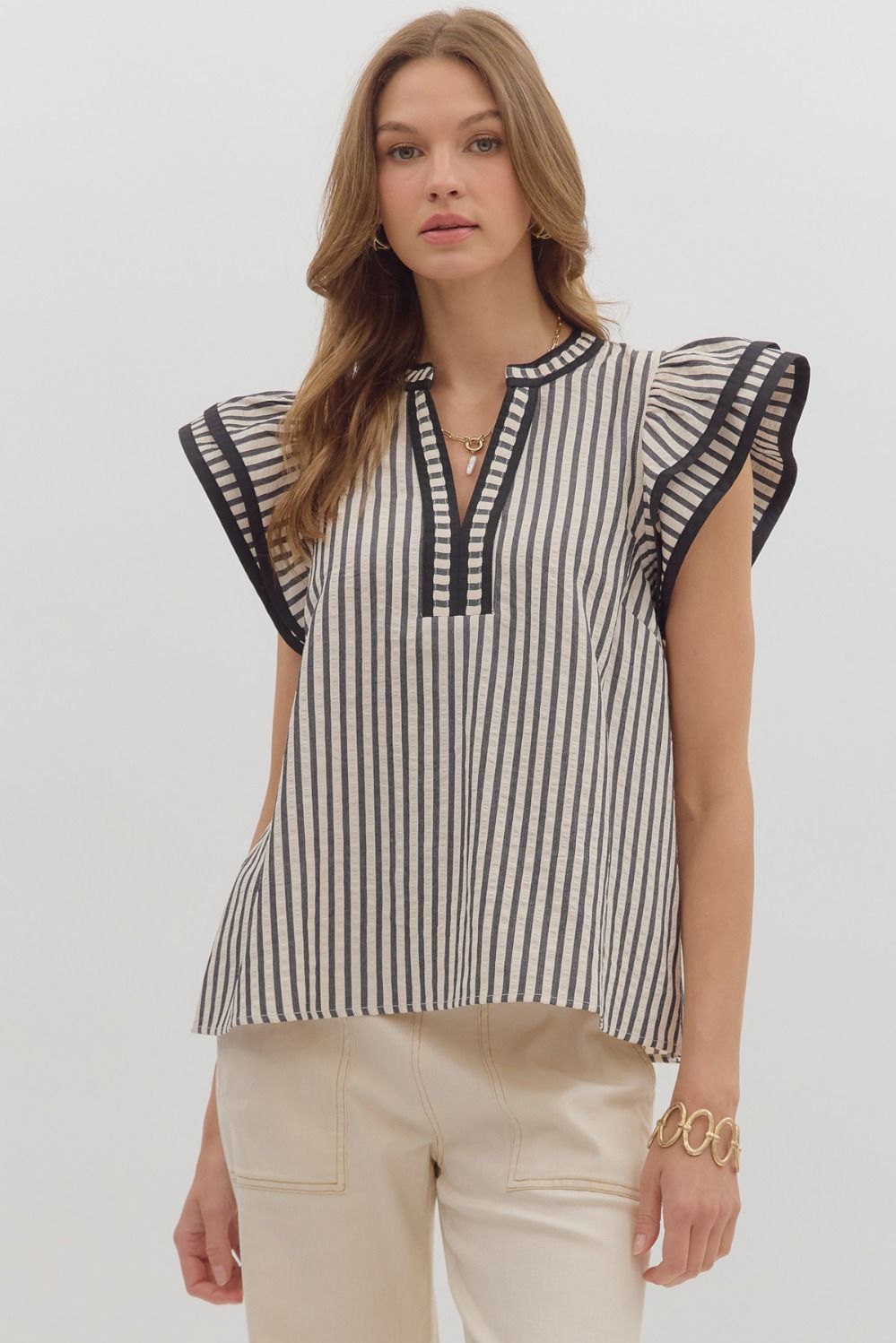 Flutter Slv Vneck Stripe Blouse, Color: BLACK, Size: S