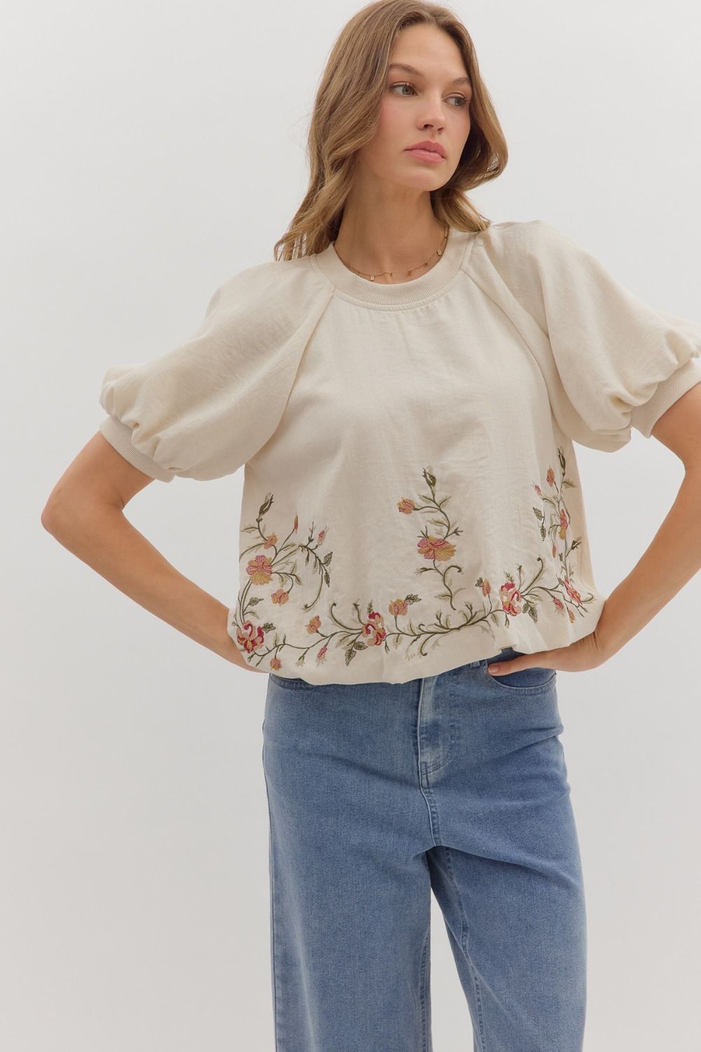 Floral Embroidered Hem Puff Slv Top, Color: ECRU, Size: S