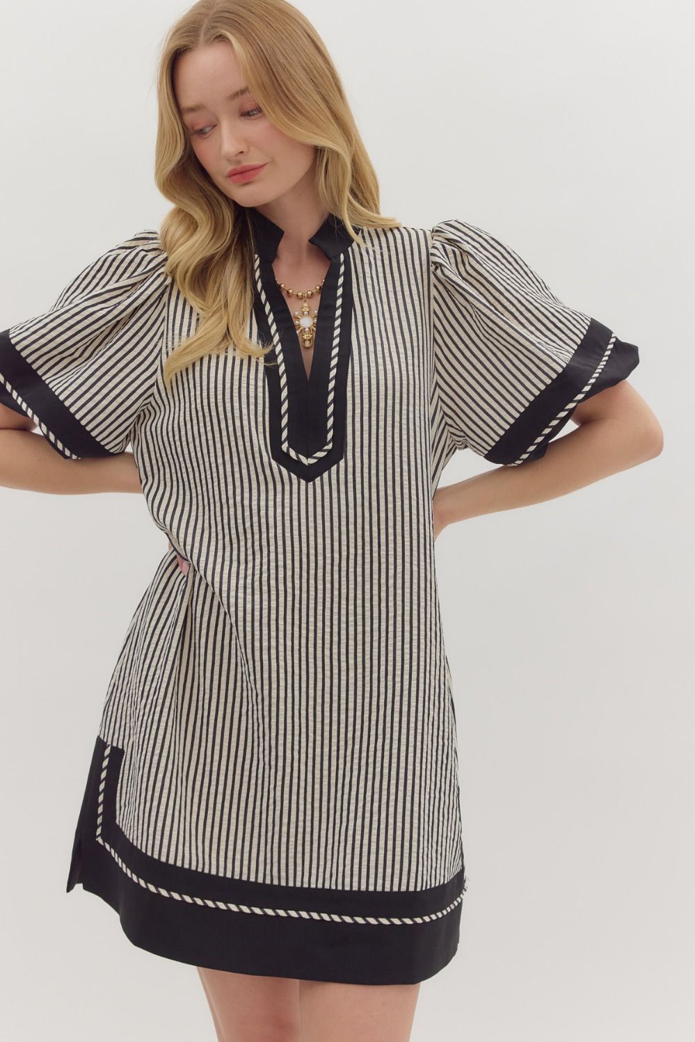 Stripe Split Collar Mini Dress, Color: BLACK, Size: S