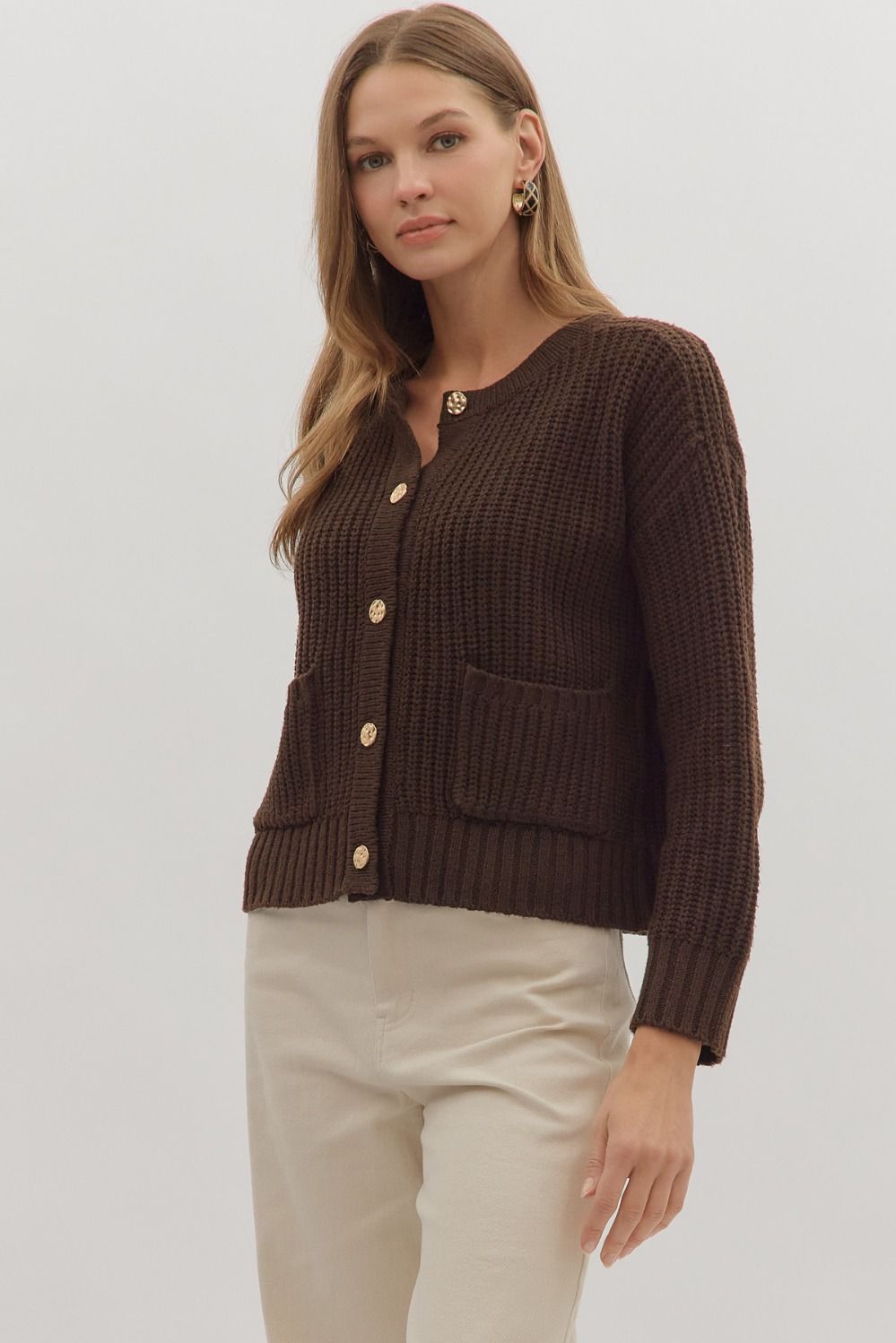 Patch Pocket Cardigan W/Gold Buttons, Color: BROWN, Size: S