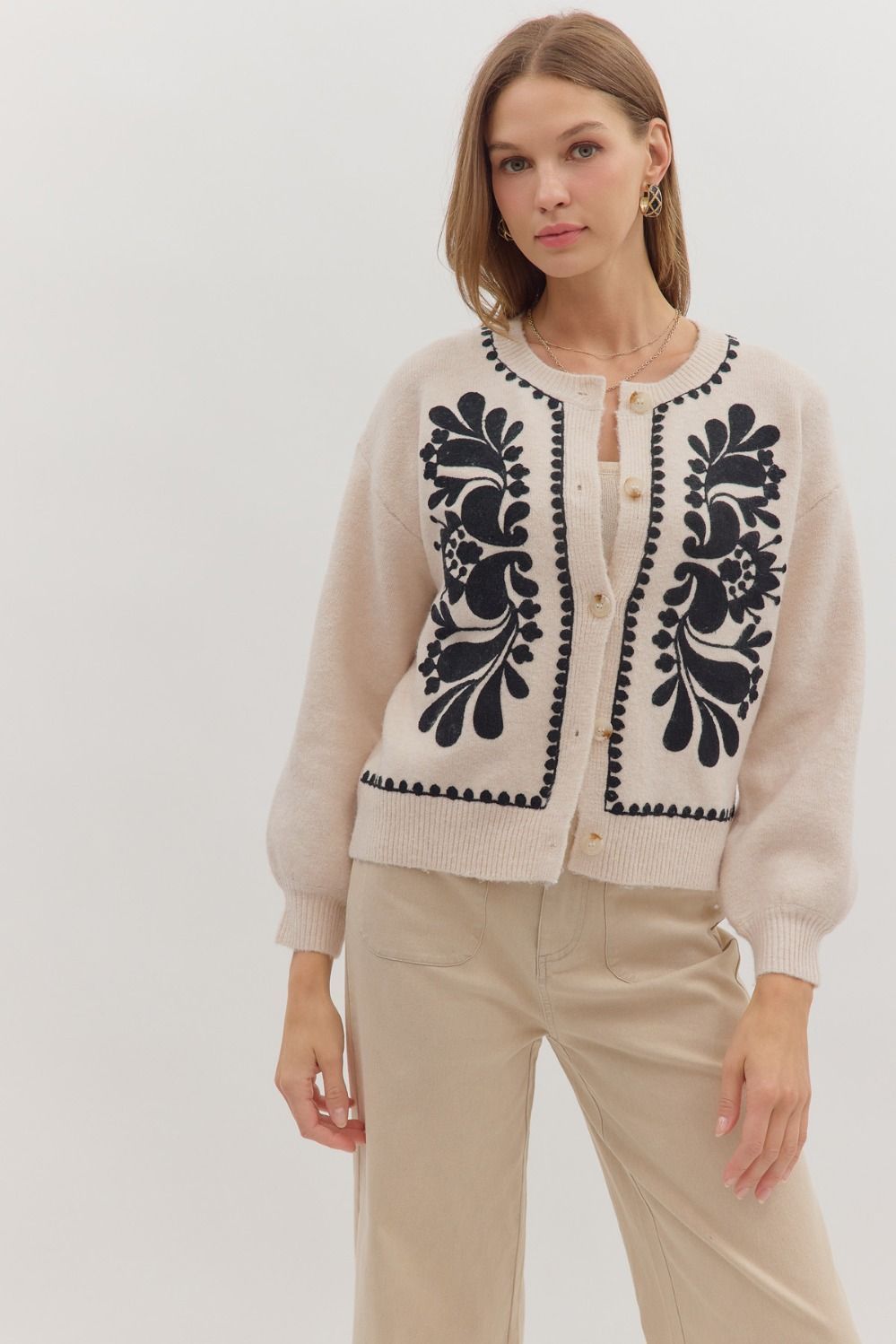 Floral Embroidered Cardigan, Color: OATMEAL, Size: S