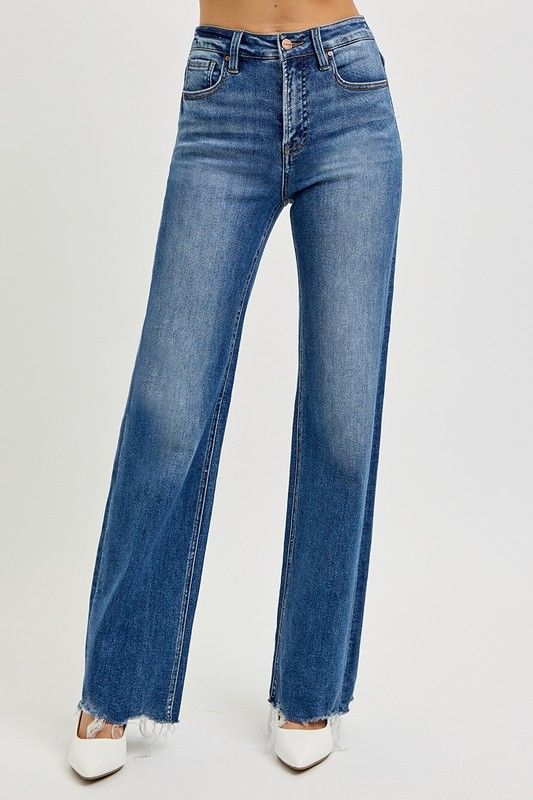 Tummy Control High Rise Wide Leg Raw Cut Hem, Color: DARK, Size: 0