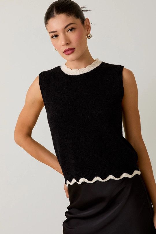 Scallop Mock Neck Sleeveless Sweater Top, Color: BLK/WHT, Size: S