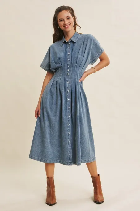 Mineral Wash Pleated Button Down Midi Dress