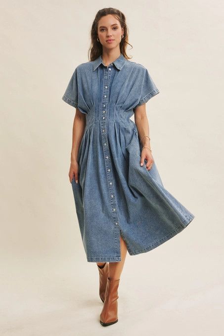 Mineral Wash Pleated Button Down Midi Dress, Color: WASHED DENIM, Size: S