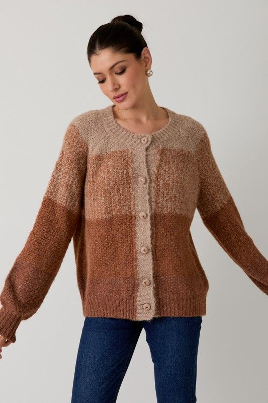 Embroidered Button Det Gradient Cardigan, Color: CAMEL MULTI, Size: S