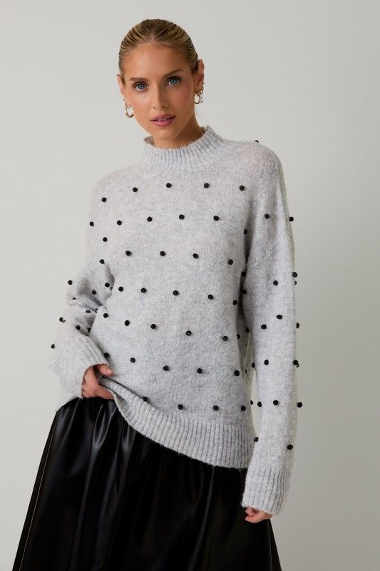 Mock Neck All Over Dot Sweater, Color: HGREY, Size: S