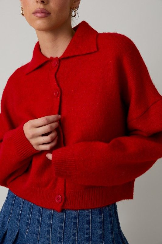 Collared Sweater Cardigan, Color: RED, Size: S