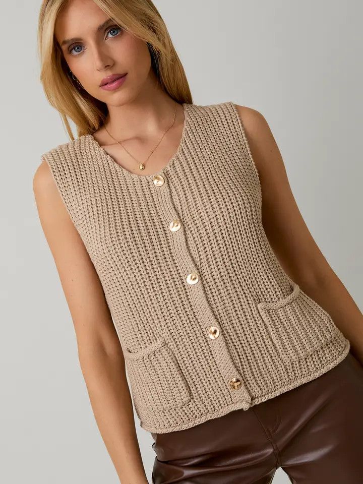 Relaxed Button Down Chunky Sweater Vest, Color: TAUPE, Size: S