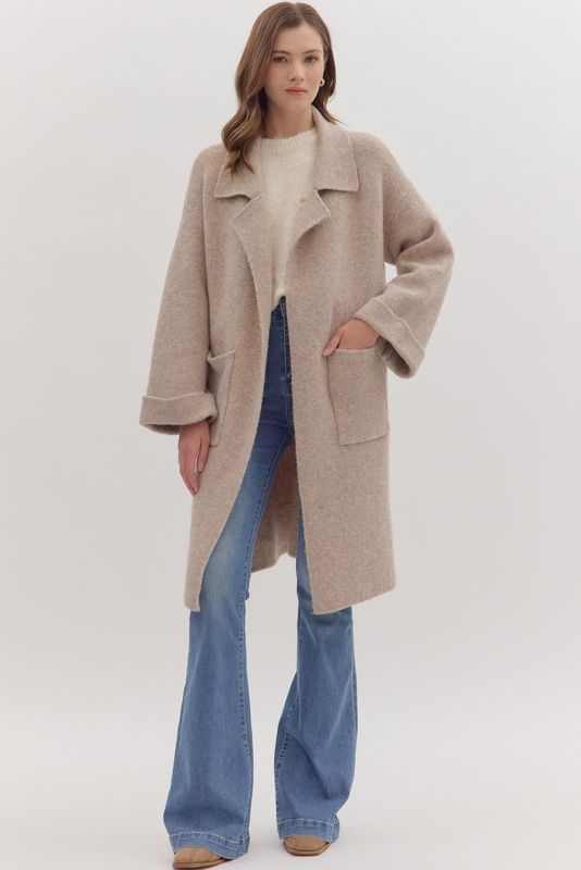 Open Front Sweater Coat W/Notch Lapel