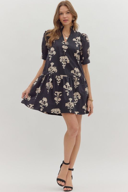 Floral Prt Puff Slv Mini Dress