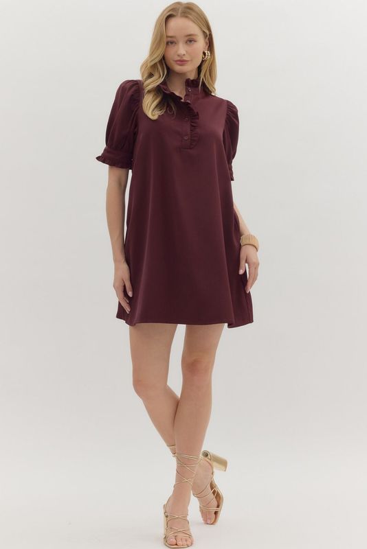 S/S Ruffle Band Collar Solid Dress