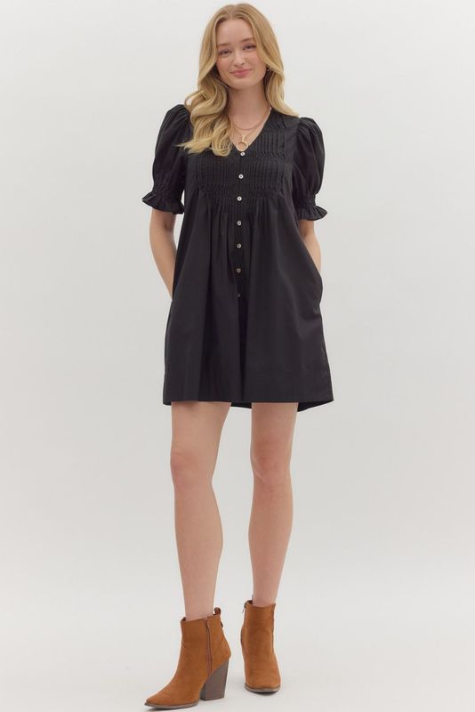 Short Puff Sleeve Pintuck Mini Dress