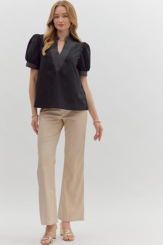 Puff Slv Contrast Stitch Vneck Top