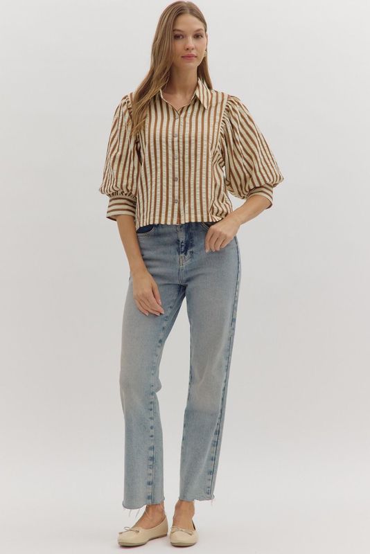 Striped 3/4 Puff Slv Button Down Top