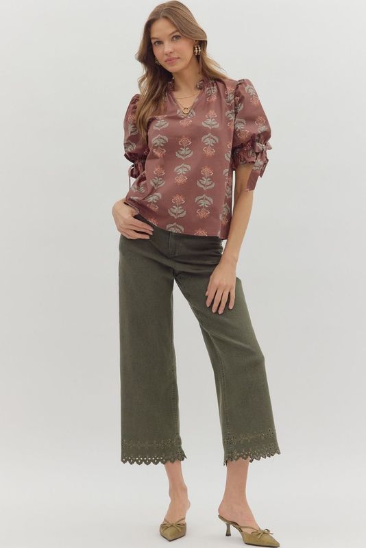 Floral Prt Bow Accent Slv Top