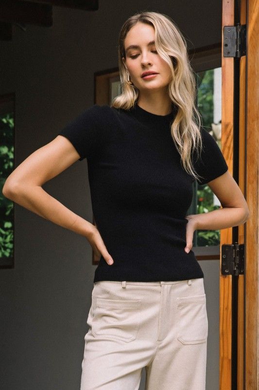 S/S Mock Neck Knit Top, Color: BLACK, Size: XS