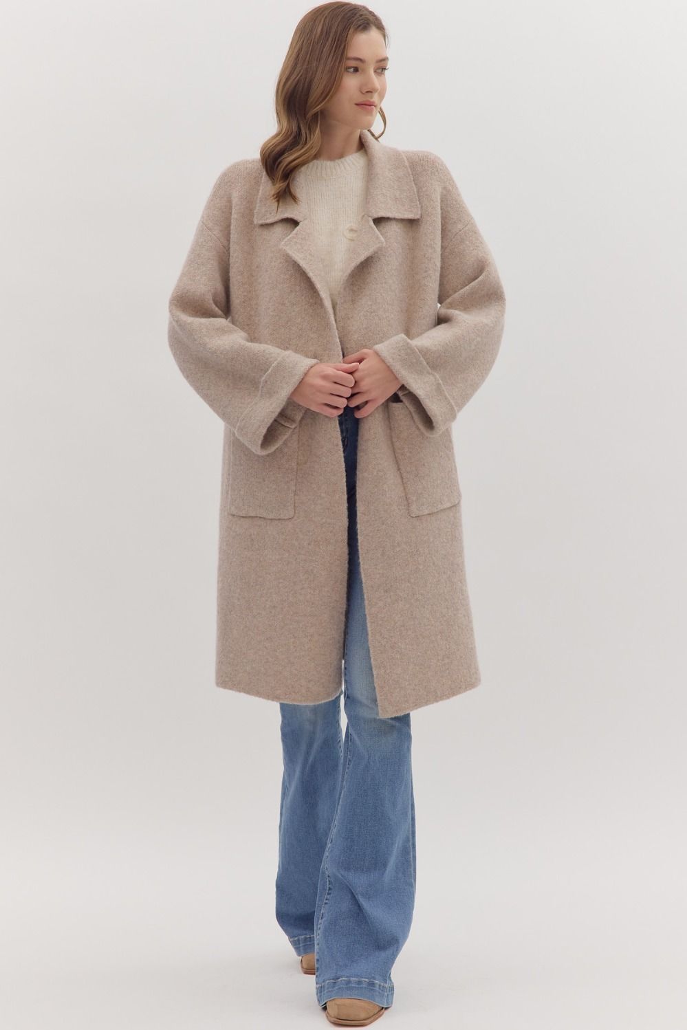 Open Front Sweater Coat W/Notch Lapel, Color: OATMEAL, Size: S