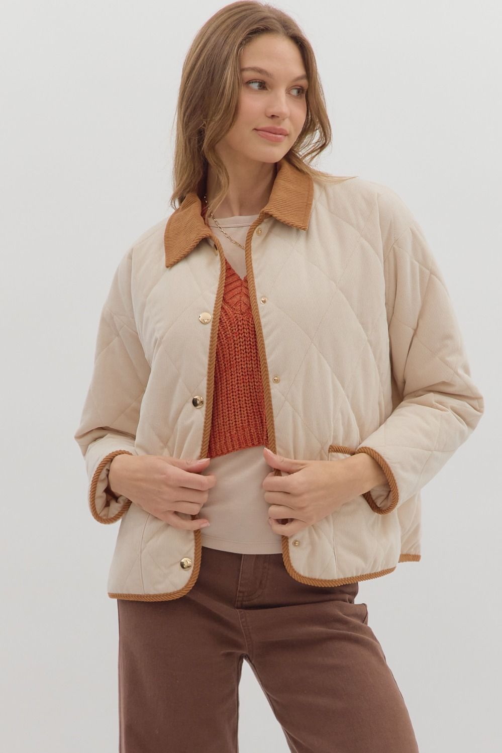 Quilted Jacket W/Contrast Collar, Color: ECRU, Size: S