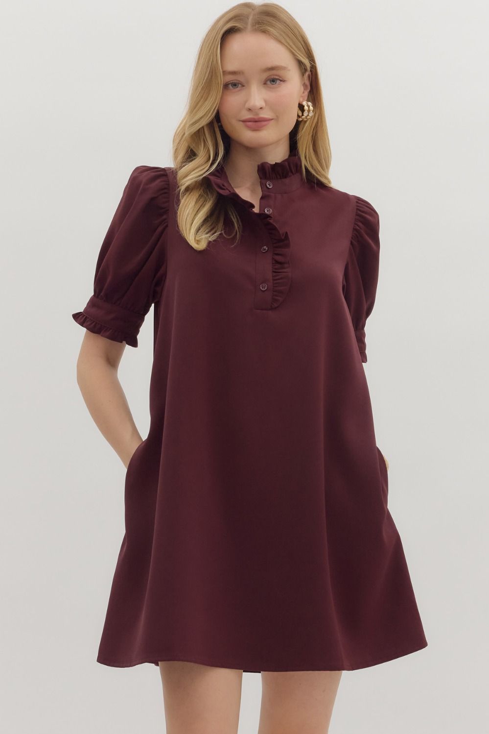 S/S Ruffle Band Collar Solid Dress, Color: BURGANDY, Size: S