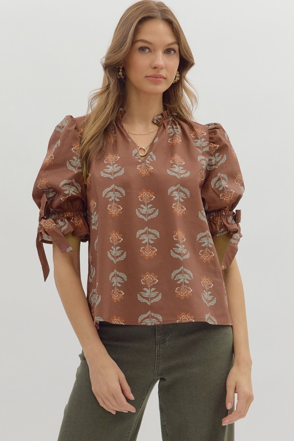 Floral Prt Bow Accent Slv Top, Color: BROWN, Size: S