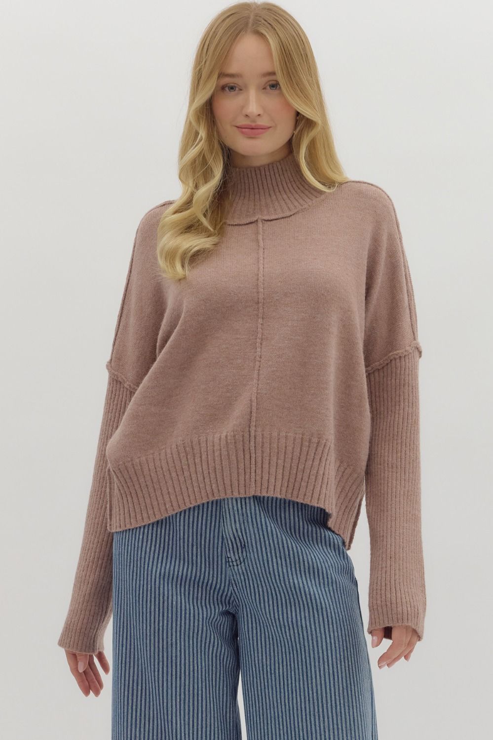 High Neck Seam Detail Sweater, Color: MOCHA, Size: S
